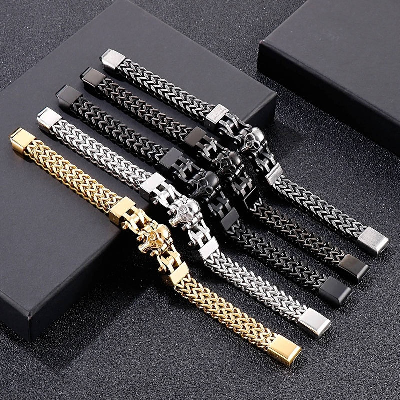 12mm Mens Biker Skull Bracelet With Mesh Chain Stainless Steel Trendy Punk Jewelry