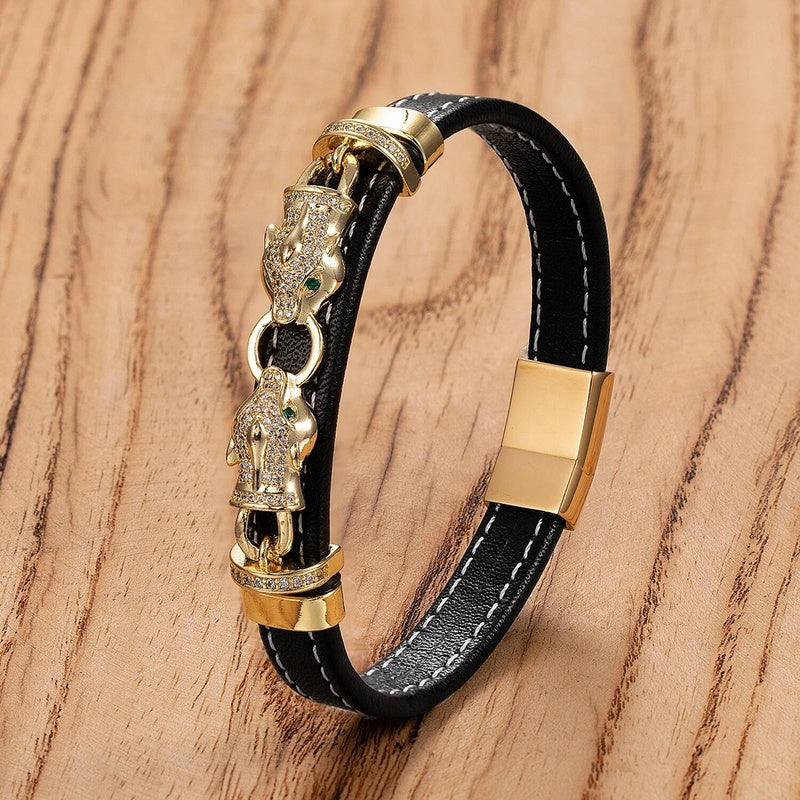 Style Classic Animal Leopard Head Hand Leather Braided Stainless Steel Bracelet For Man Woman Daily Wear Jewelry Gift Gold-C