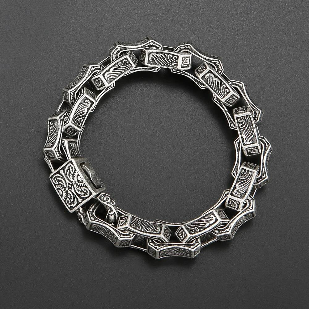 Men’s Gothic Chain Bracelet – 316L Stainless Steel Vintage Carved Link Wristband, Heavy Duty Punk Biker Jewelry
