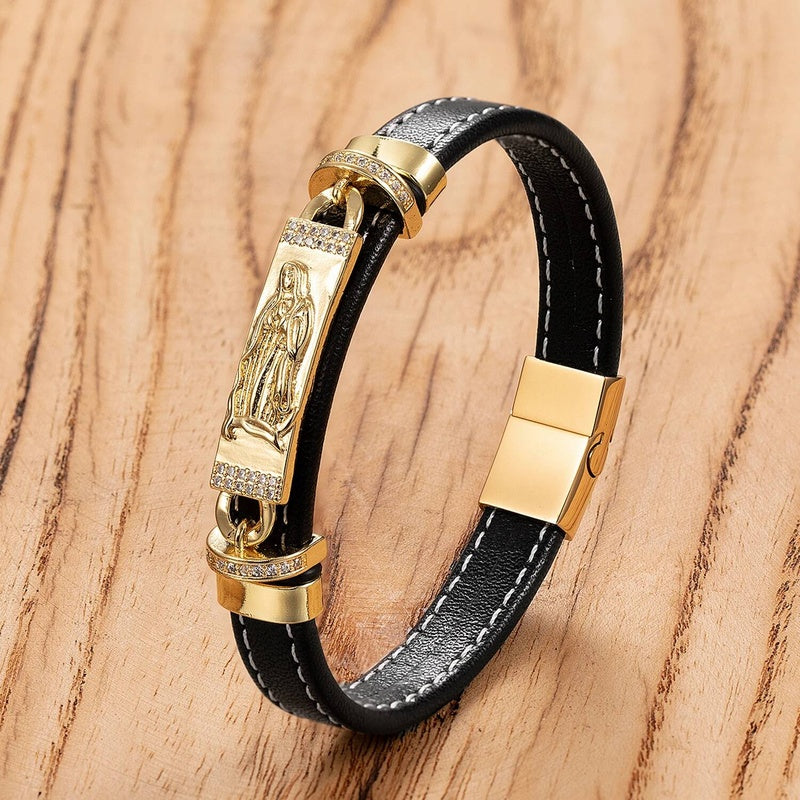 Trendy Leather Men Stainless Steel Pattern Design Braided Rope Bracelets Jewelry Fashion Gift For Him Style-B