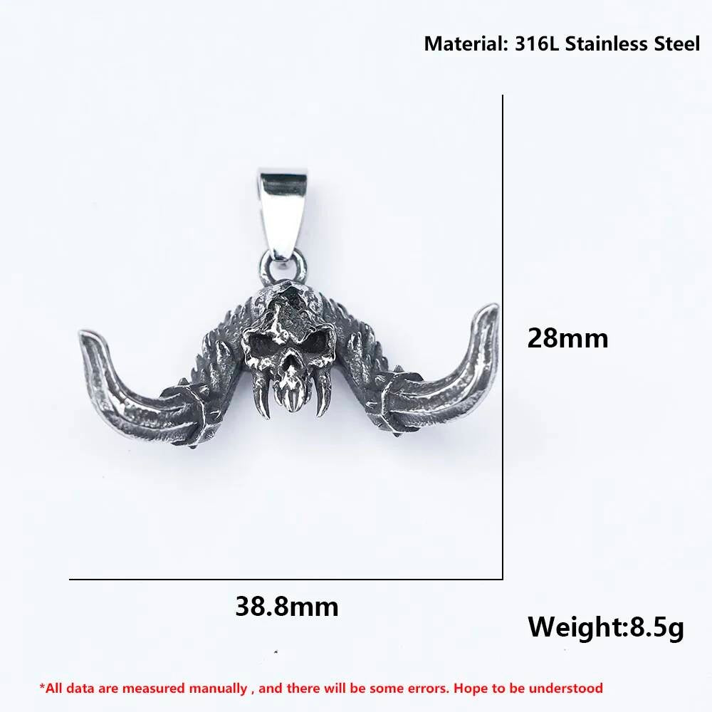 Skull with Horns Pendant Necklace, Gothic Silver Jewelry with Winged Design