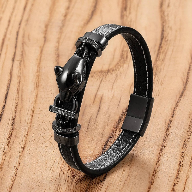 Men's Black Leather Bow with Amber Stone Bracelet for Unique Style Black