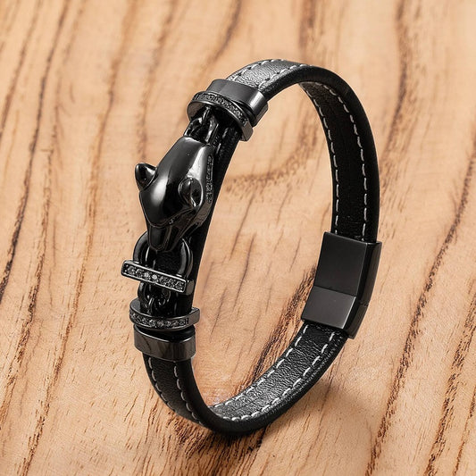 Men's Black Leather Bow with Amber Stone Bracelet for Unique Style Black