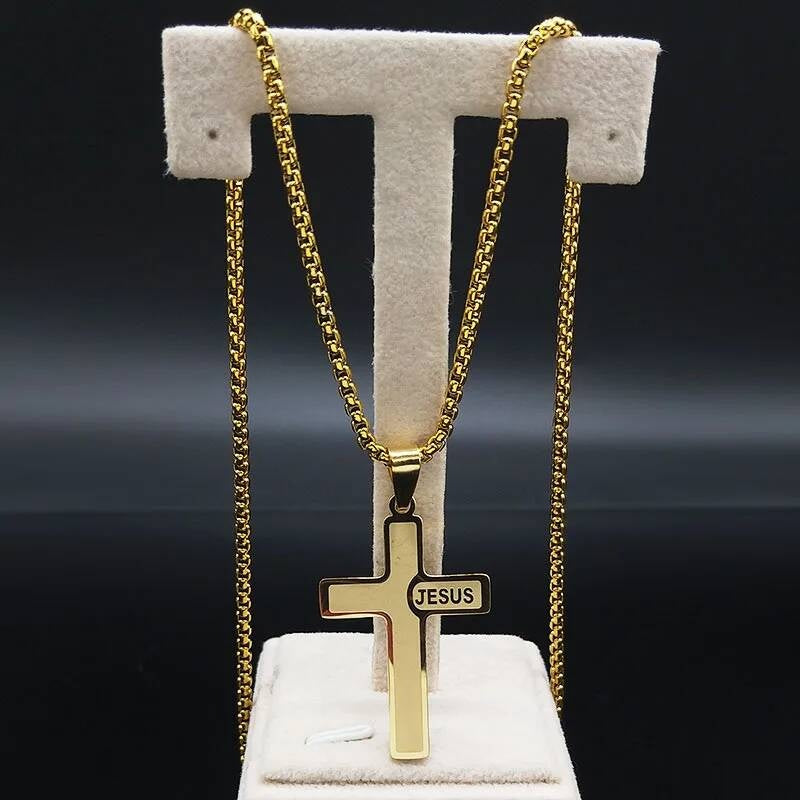 Stainless Steel Jesus Cross Pendant Necklace For Men Jewelry Accessories Black Yellow White Color