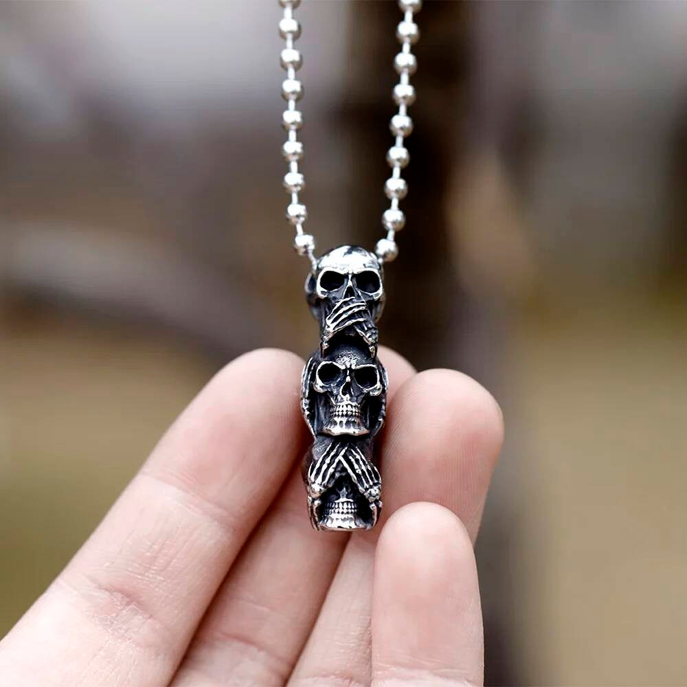 316L Stainless Steel Three Skull Pendant Necklace Gothic Style