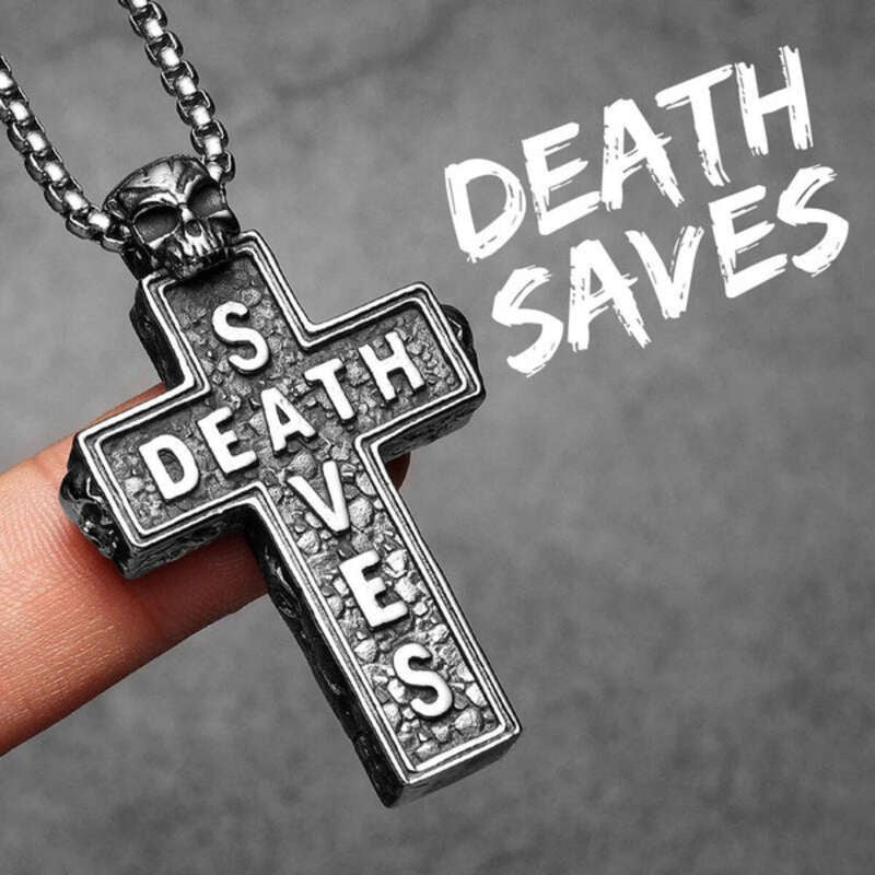 316L Stainless Steel “Death Saves” Skull Cross Pendant Necklace N1364-With Chain