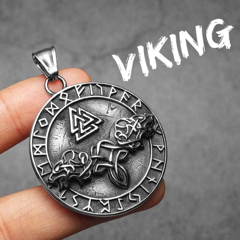 316L Stainless Steel Valknut Wolf Rune Pendant – Norse Viking Amulet Necklace N1506-Only Pendant