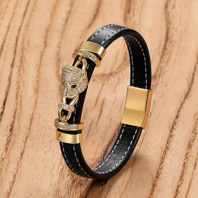Black Braided Leather Bracelet with Green Jade Beads - Stylish Multi-Layer Magnetic Clasp Jewelry for Casual Wear and Gifts Gold-G