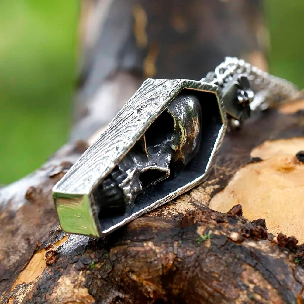 Coffin Skull Pendant Necklace, Gothic Silver Jewelry with Detailed Skull Design