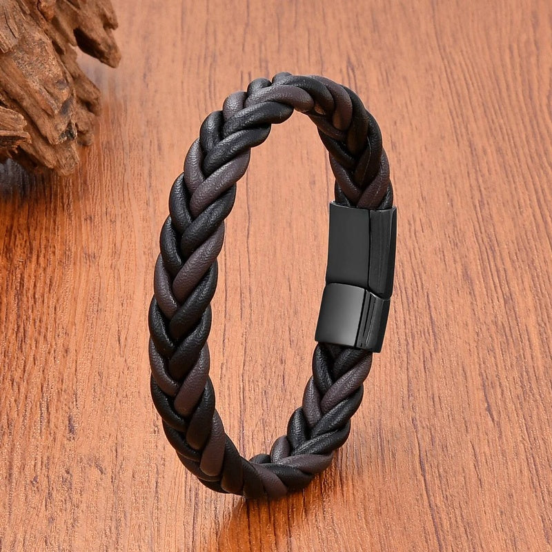 Retro Punk Style Men Gift Jewelry Braided Leather Rope Bracelets Stainless Steel Magnetic Buckle Personalized Bracelet Style C-Black
