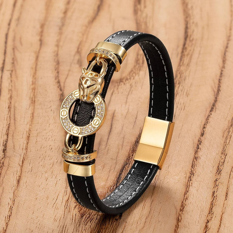 Black Braided Leather Bracelet with Green Jade Beads - Stylish Multi-Layer Magnetic Clasp Jewelry for Casual Wear and Gifts Gold-F