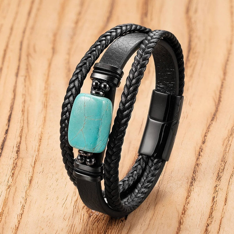 Black Braided Leather Bracelet with Green Jade Beads - Stylish Multi-Layer Magnetic Clasp Jewelry for Casual Wear and Gifts Style-D