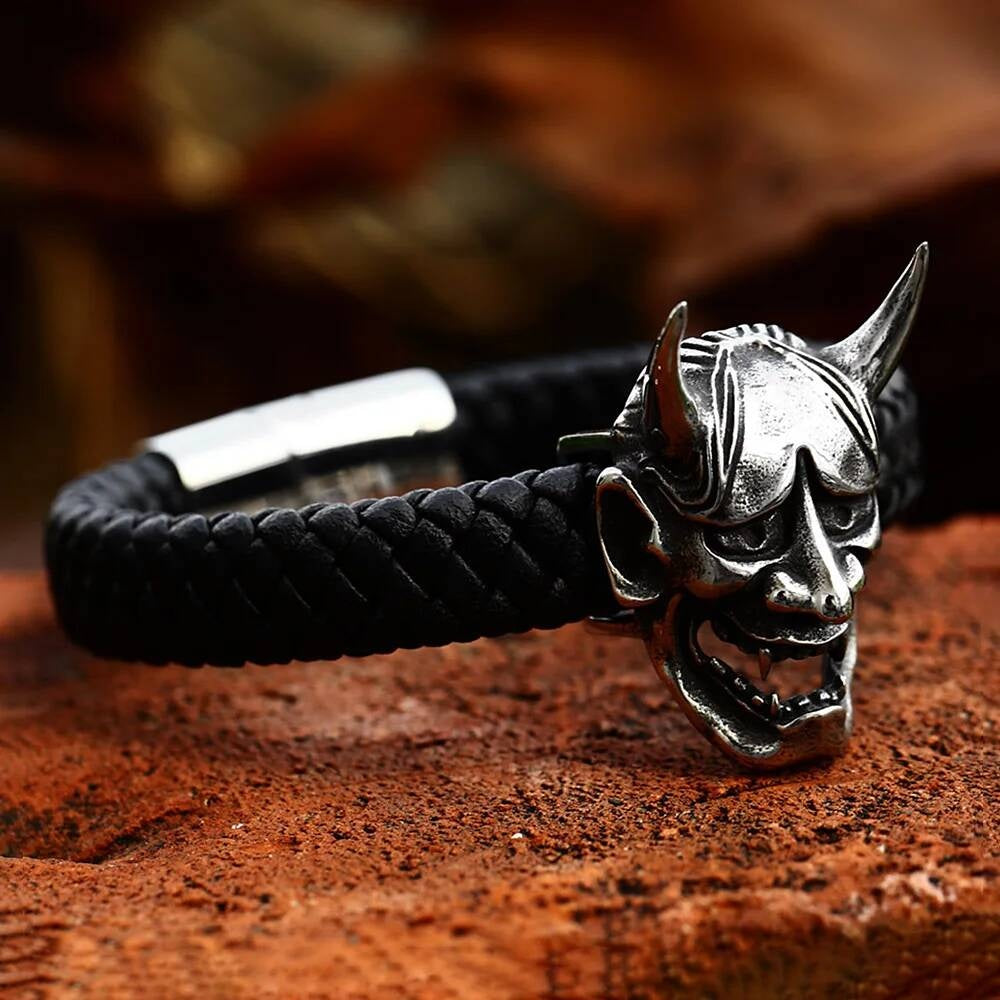 Samurai Oni Demon Bracelet for Men Gothic Punk Rock Biker Jewelry 316L Stainless Steel with Black Braided Leather