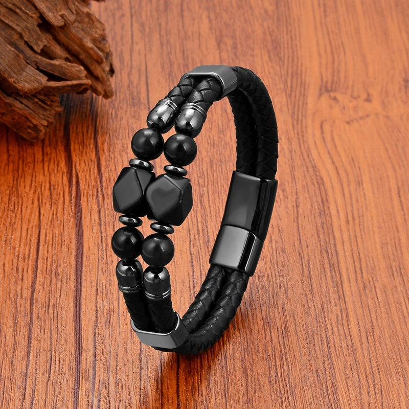 Black Braided Leather Bracelet with Green Jade Beads - Stylish Multi-Layer Magnetic Clasp Jewelry for Casual Wear and Gifts