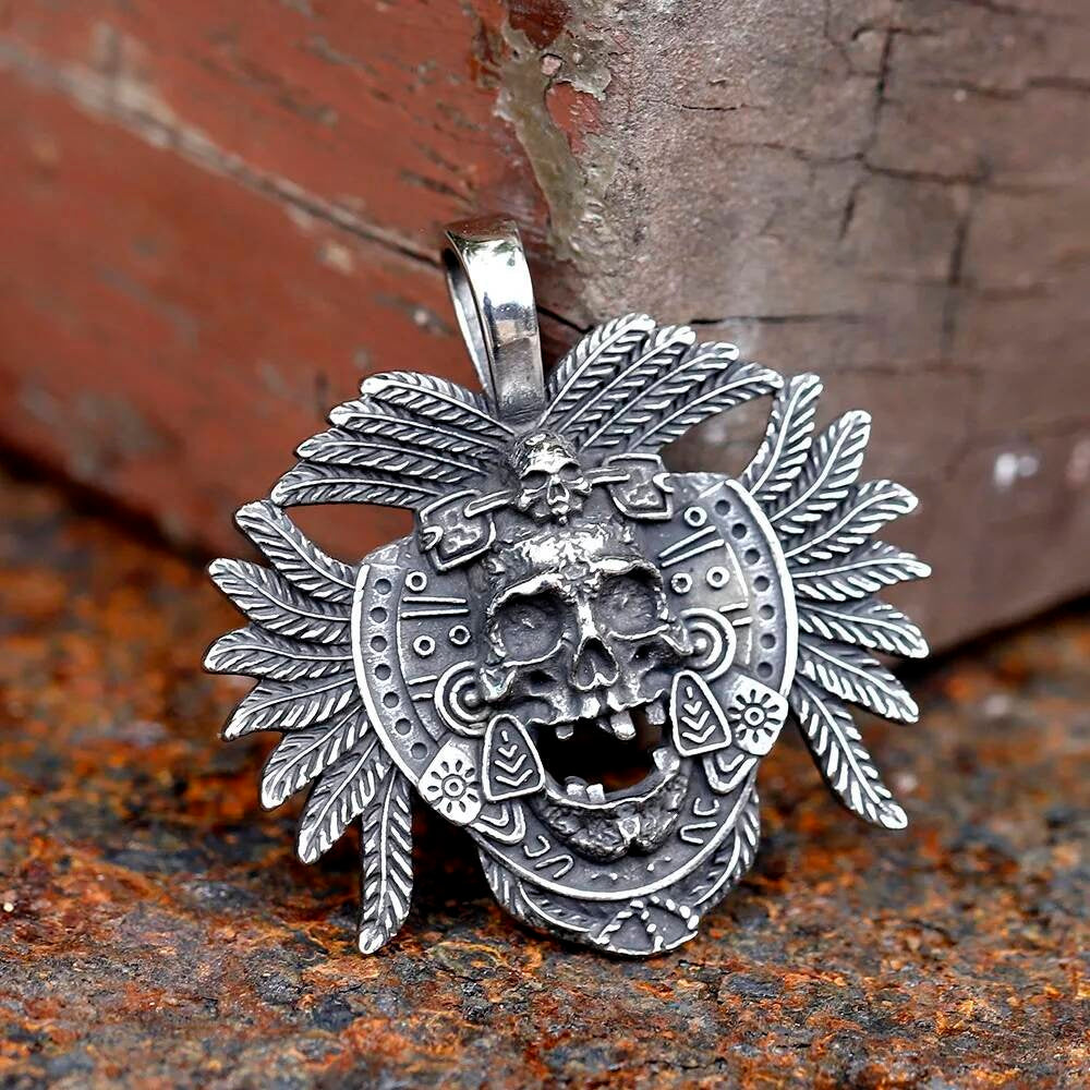 Skull with Feathered Headdress Pendant Necklace, Silver Gothic Jewelry with Tribal Design