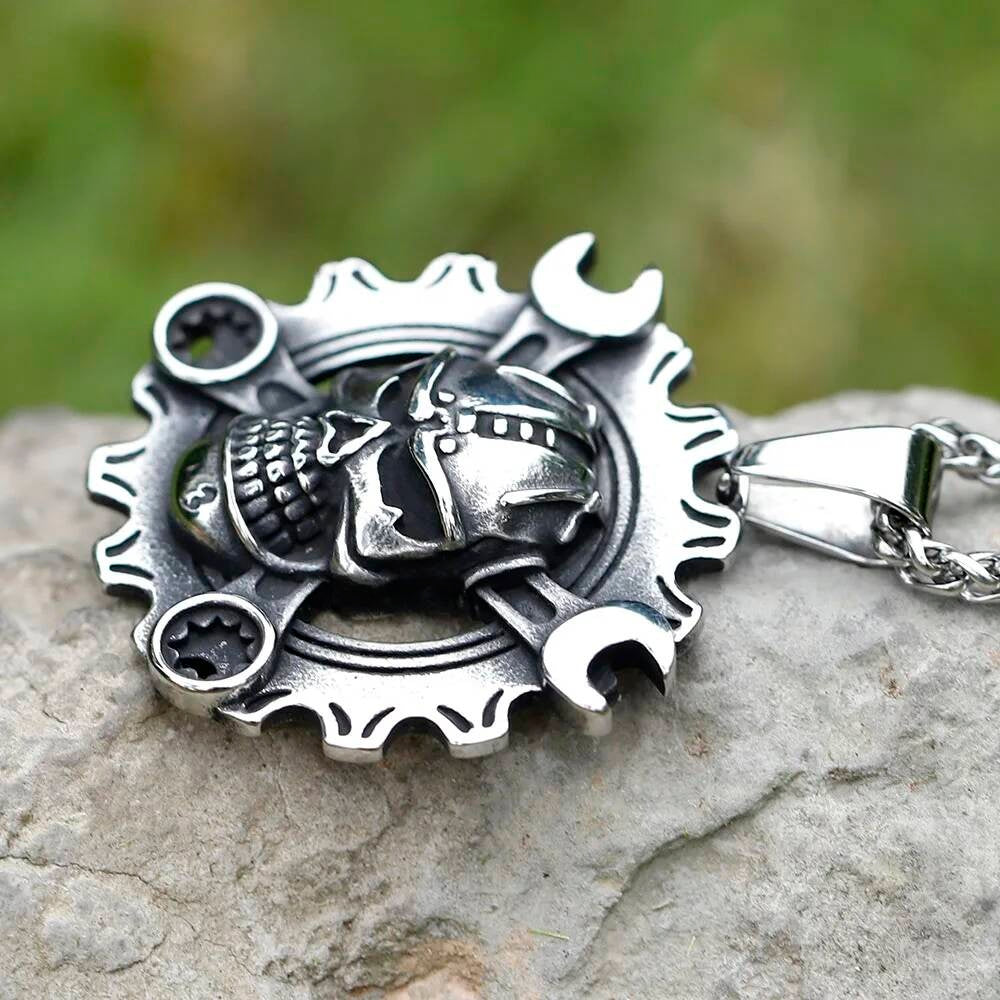 Skull with Wrenches Pendant Necklace, Industrial and Gothic Silver Jewelry
