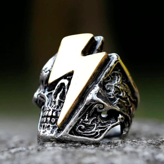 Lightning Skull Ring – 316L Stainless Steel Gothic Punk Statement Band