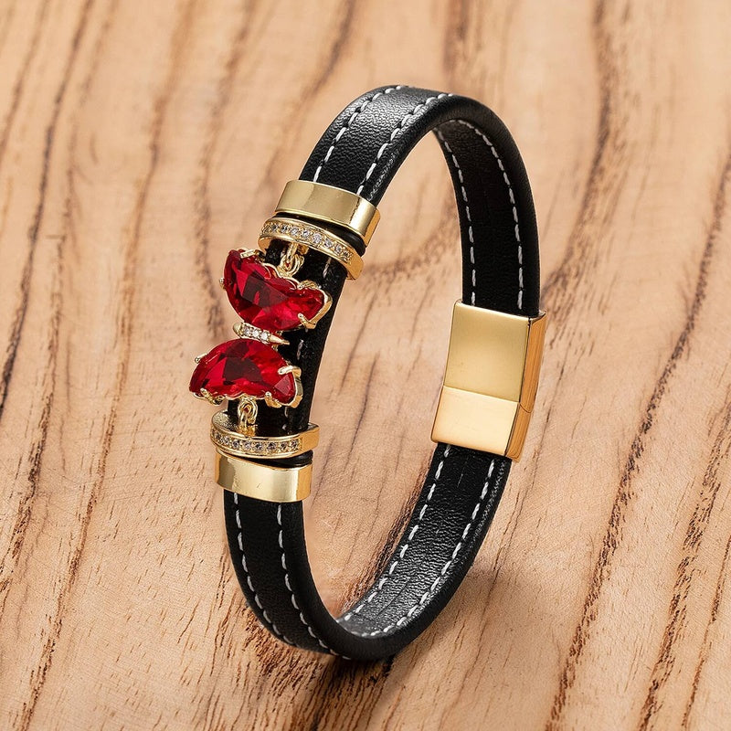 Men's Black Leather Gold Bow Accent Bracelet for Special Occasions Style-C