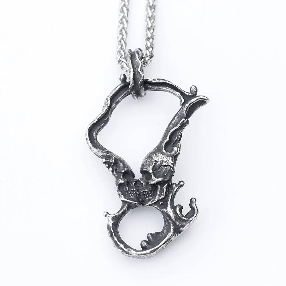 Double Skull Pendant Necklace – Gothic Skeleton Flames Jewelry