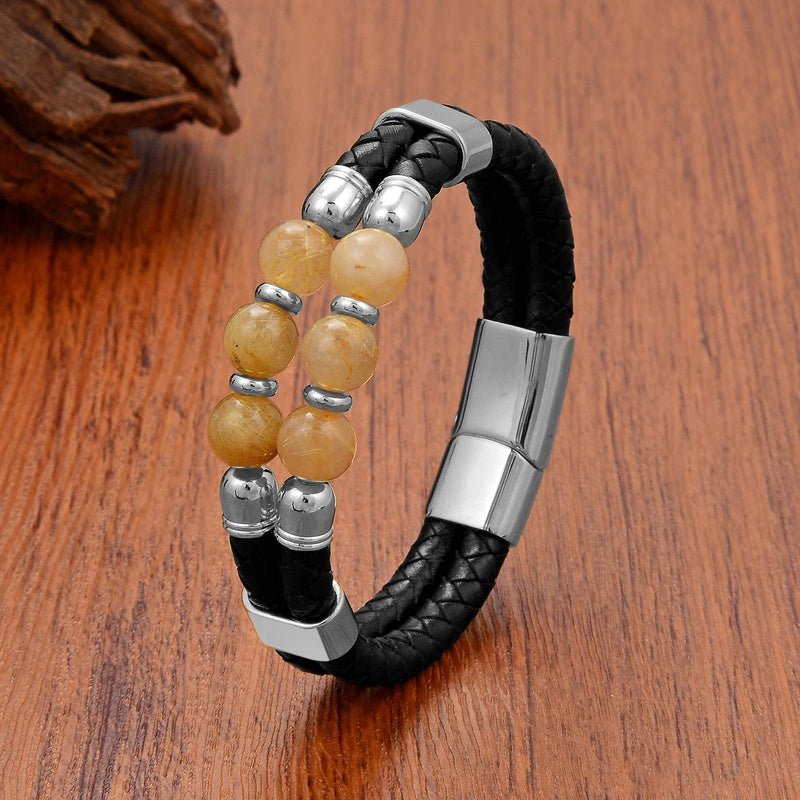 Black Braided Leather Bracelet with Green Jade Beads - Stylish Multi-Layer Magnetic Clasp Jewelry for Casual Wear and Gifts Silver-Hair Crystal