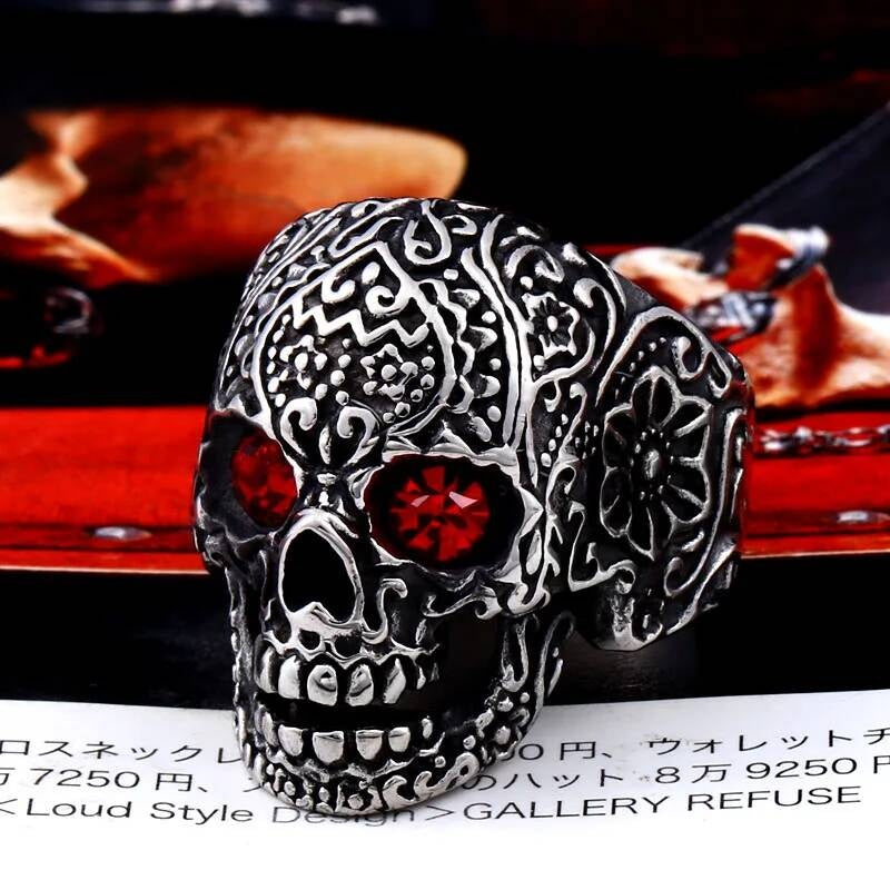 Gothic Skull Ring with Red Crystal Eyes – Stainless Steel Sugar Skull