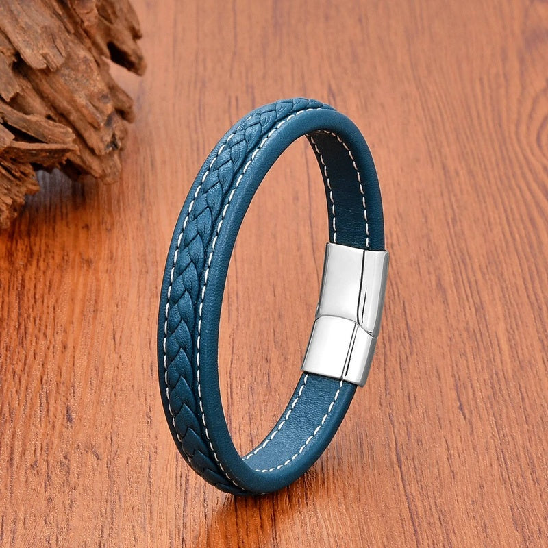 Vintage Men Europe and America Stainless Steel Magnet Open Bangle Multi-Size Woven Leather Hand Rope Classic Party Gift Present Style F-White