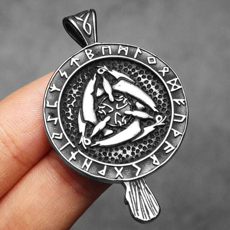 316L Stainless Steel Viking Raven Rune Pendant Necklace – Norse Amulet for Men