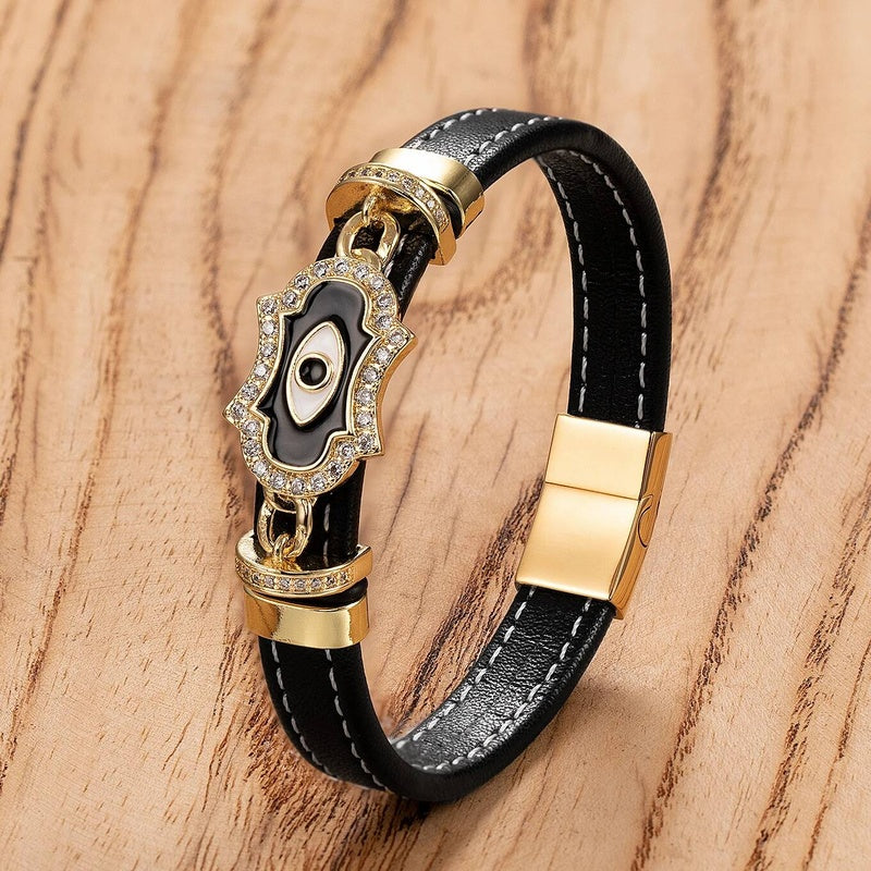Woven Leather Turkish Blue Evil Eye Zircon Bracelet Punk Stainless Steel Jewelry Fashion Charm Valentines Day Gift Gold-I