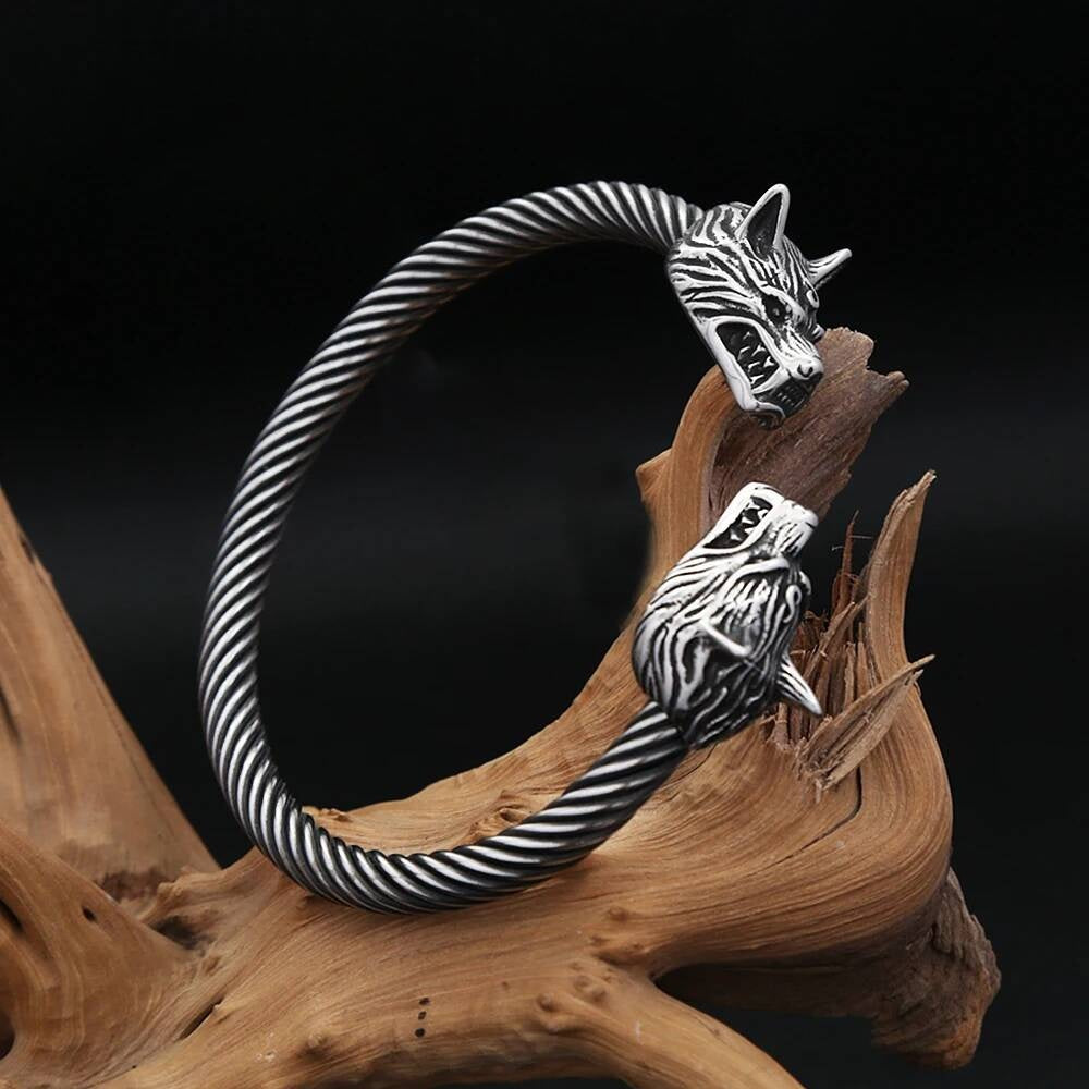 Viking Wolf Head Cuff Bracelet – Twisted Steel Norse Armring