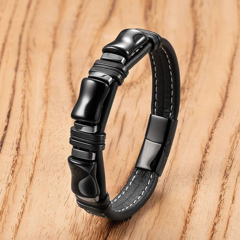 Black Braided Leather Bracelet with Green Jade Beads - Stylish Multi-Layer Magnetic Clasp Jewelry for Casual Wear and Gifts Style-B
