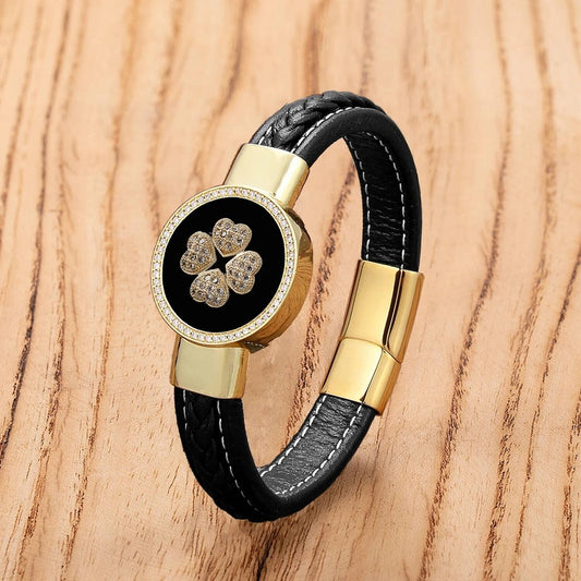 Black Braided Leather Bracelet with Green Jade Beads - Stylish Multi-Layer Magnetic Clasp Jewelry for Casual Wear and Gifts Gold-B