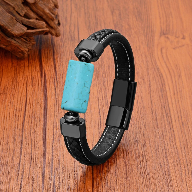 Oblong Agates Tiger Eye Beads Bracelet Women Accessories Leather Bangle Matching Bracelets for Man European and American Turquoise-Black