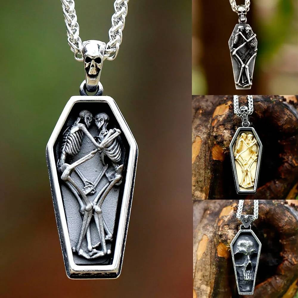 Skeletons in Coffin Pendant Necklace, Gothic Silver Jewelry with Death and Love Symbolism