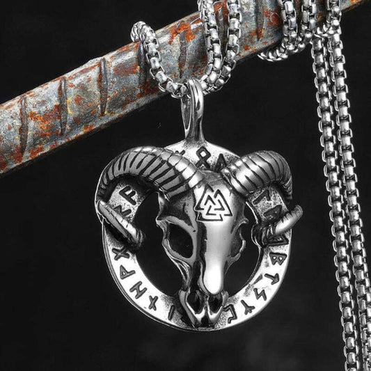 Viking Ram Skull Pendant Necklace – 316L Stainless Steel Norse Valknut Amulet with Runes