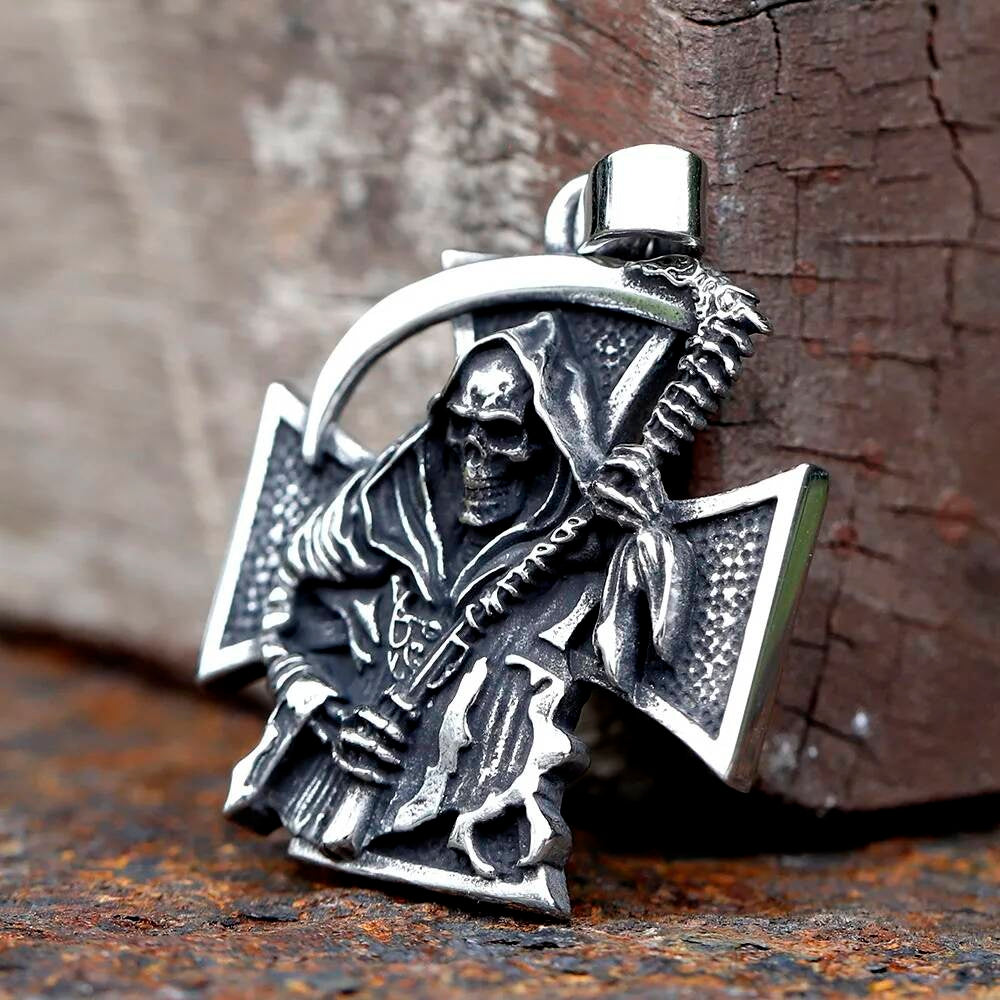 Grim Reaper Pendant Necklace – Stainless Steel Gothic Cross Jewelry