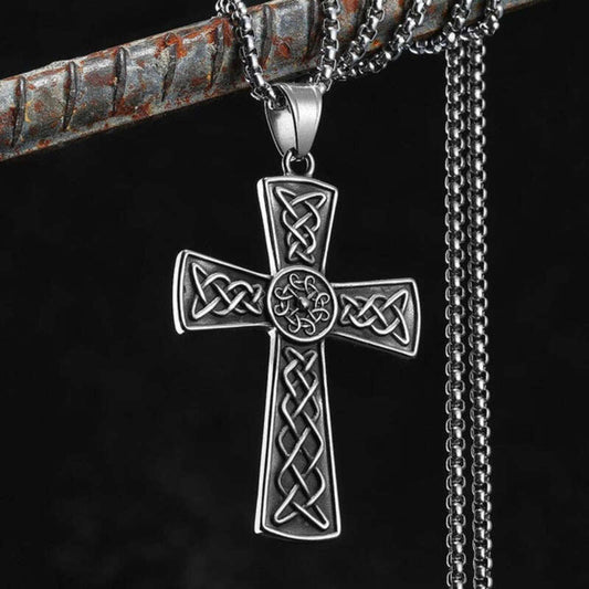 Celtic Cross Pendant Necklace, Elegant Silver Religious Jewelry with Intricate Knot Design