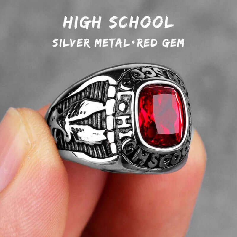 Rhinestone High School Ring - Stainless Steel Vintage Inspired Class Jewelry R427-Silver-Red