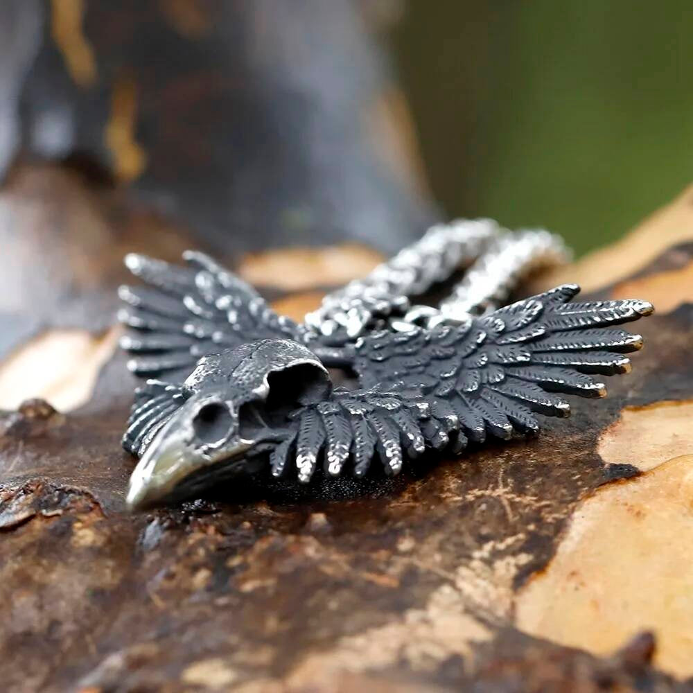 Bird Skull with Wings Pendant Necklace, Silver Gothic Jewelry with Intricate Design