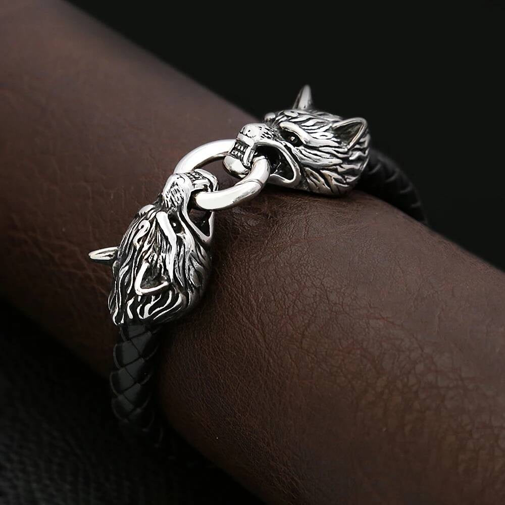 Viking Wolf Head Leather Bracelet – Norse Mythology Jewelry