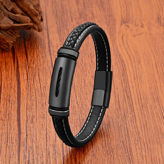 Personality Geometric Stainless Steel Bracelets Jewellry Black Weave Leather Chain Bangles for Man Women Friendship Gifts Black