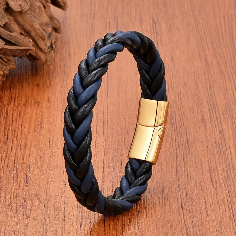 Retro Punk Style Men Gift Jewelry Braided Leather Rope Bracelets Stainless Steel Magnetic Buckle Personalized Bracelet Style E-Gold