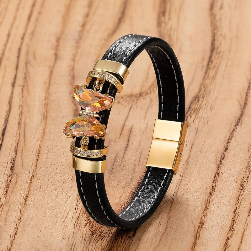 Men's Black Leather Gold Bow Accent Bracelet for Special Occasions Style-G
