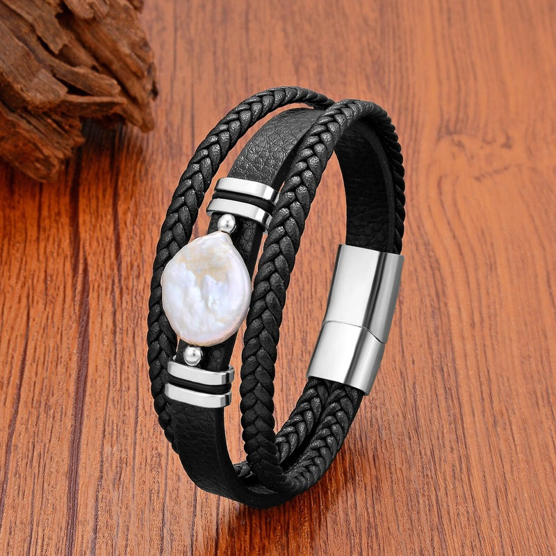 Natural Irregular Freshwater Pearl Bracelet for Woman Charm Multilayer Leather Bangles Man Stainless Steel Wristband Jewelry White Metal