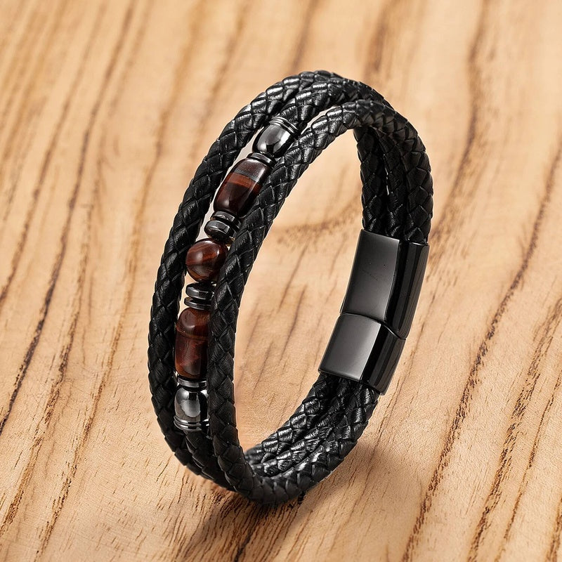 Black Braided Leather Bracelet with Green Jade Beads - Stylish Multi-Layer Magnetic Clasp Jewelry for Casual Wear and Gifts Style-A