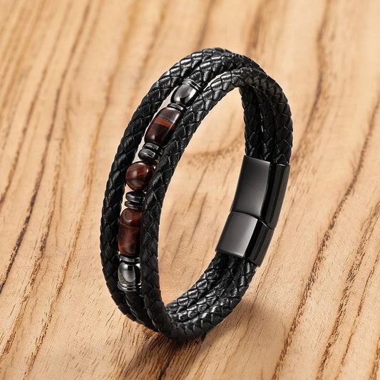 Black Braided Leather Bracelet with Green Jade Beads - Stylish Multi-Layer Magnetic Clasp Jewelry for Casual Wear and Gifts Style-A