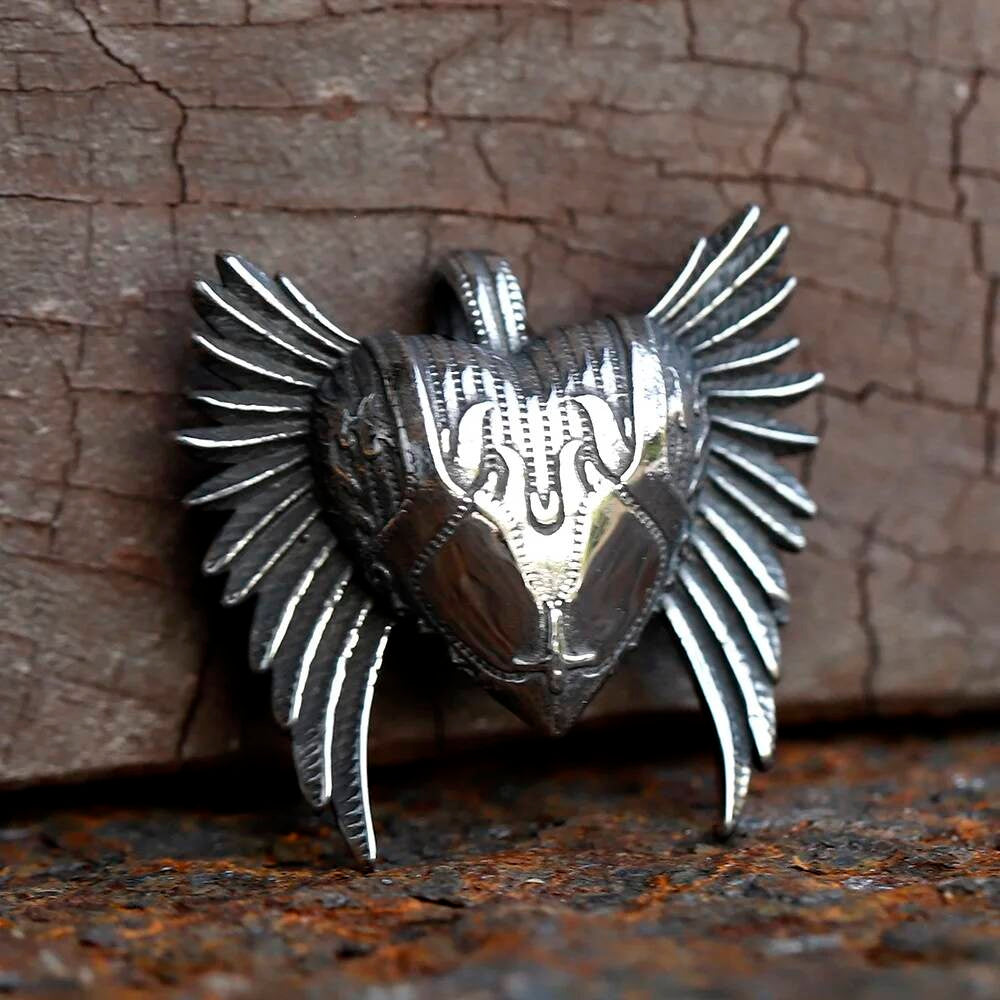 Winged Heart Baphomet Pendant – Gothic Stainless Steel Necklace