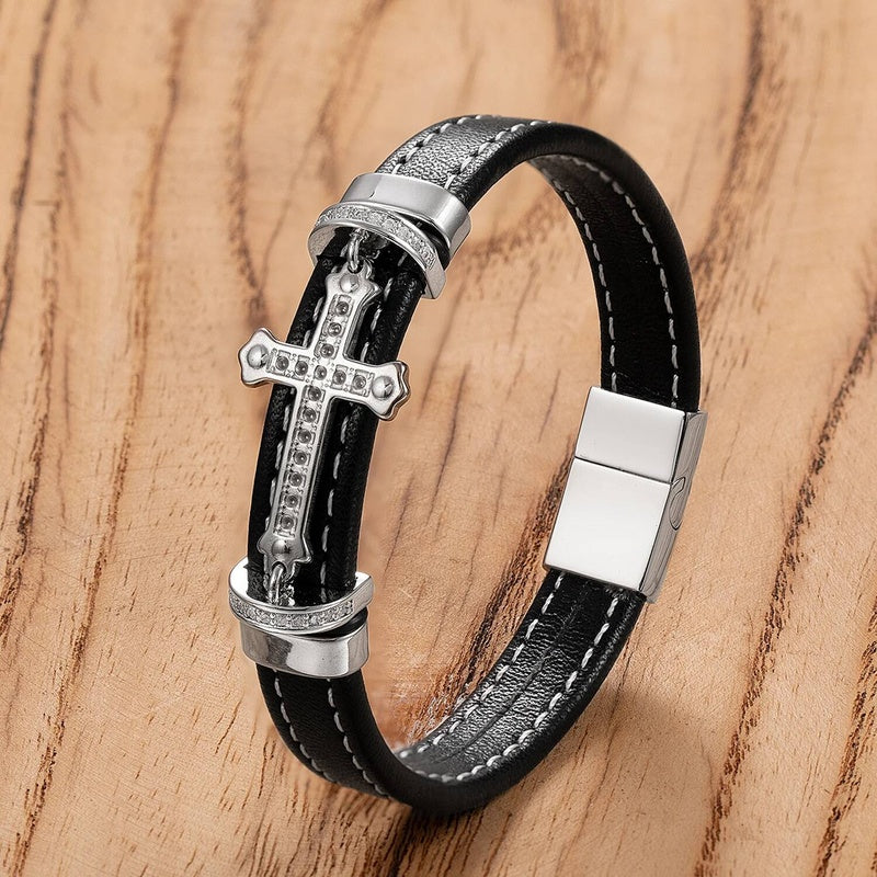 Black Braided Leather Bracelet with Green Jade Beads - Stylish Multi-Layer Magnetic Clasp Jewelry for Casual Wear and Gifts White-B
