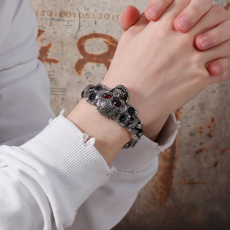 Stainless Steel Red Eye Skull Bracelet Men With Vintage Cuban Chain