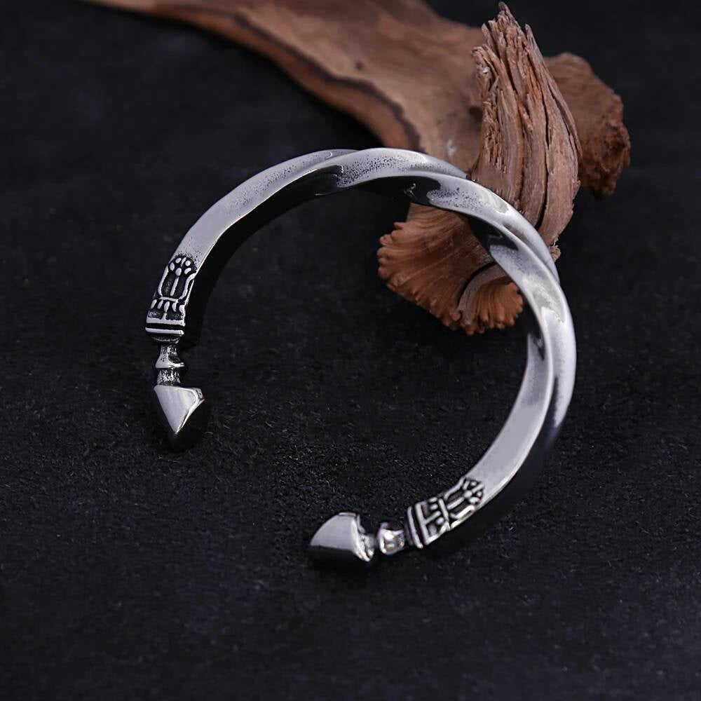 Vintage Twisted Stainless Steel Cuff Bracelet – 316L Silver Bangle with Carved End Details
