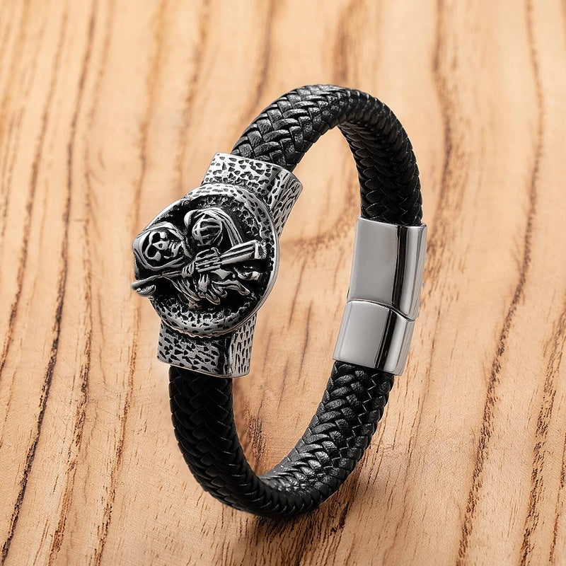 Men's Black Leather Skull Bracelet for Edgy Style Style-D